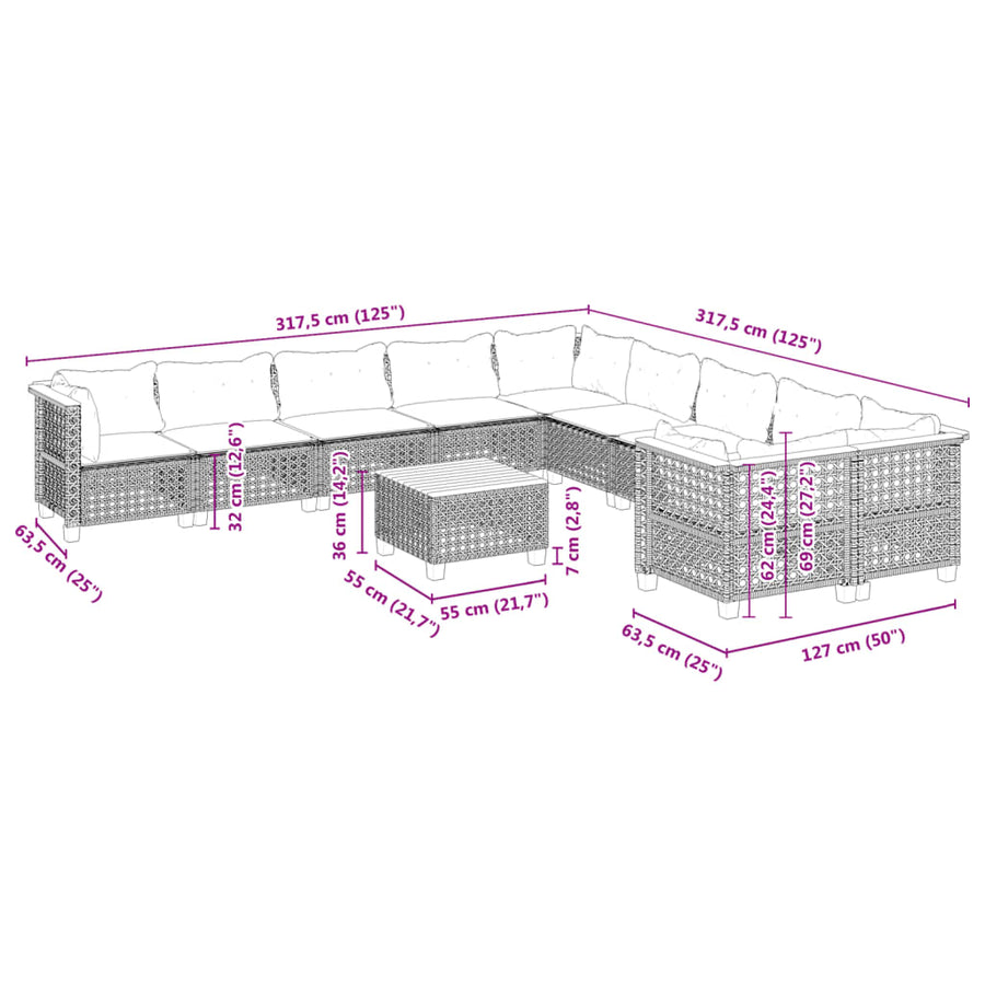 11-delige Loungeset met kussens poly rattan zwart