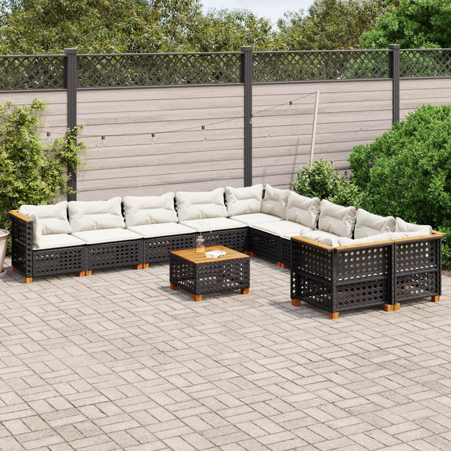 11-delige Loungeset met kussens poly rattan zwart