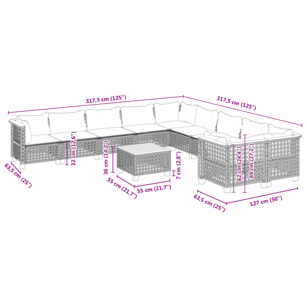 11-delige Loungeset met kussens poly rattan grijs