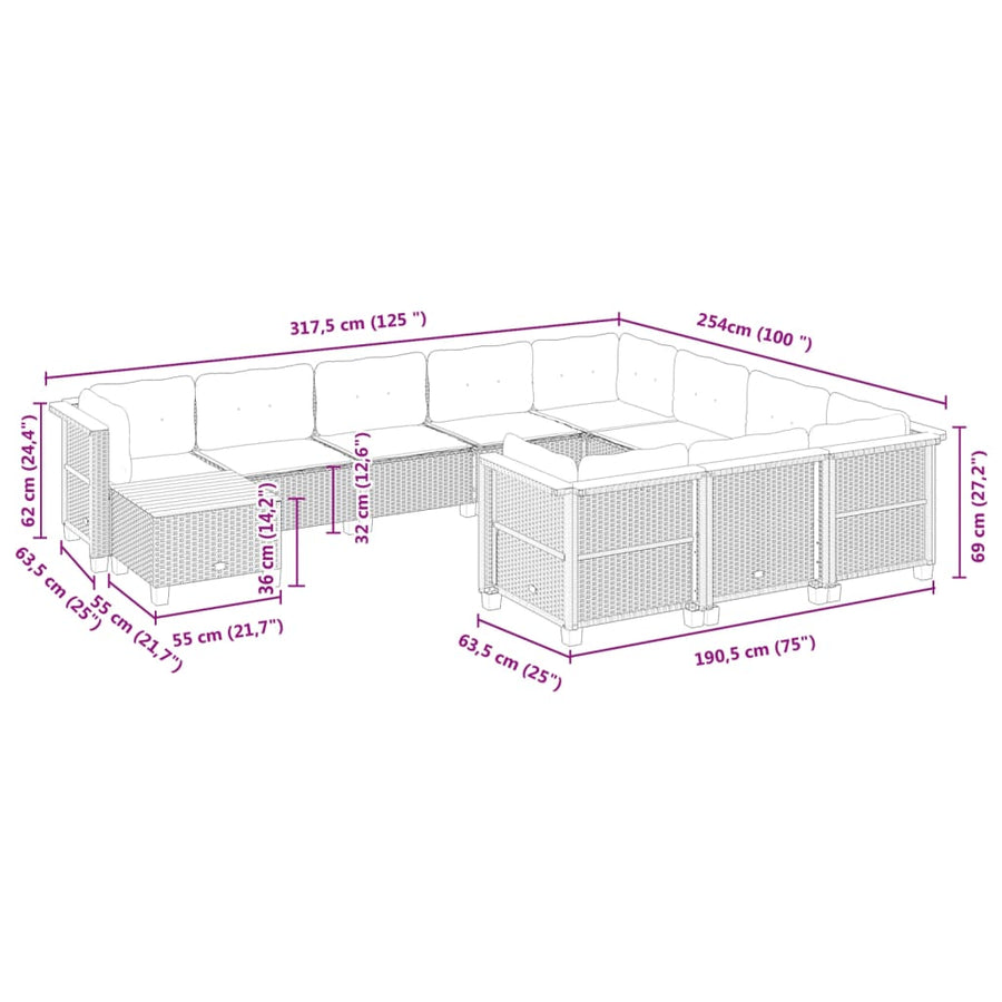 11-delige Loungeset met kussens poly rattan zwart