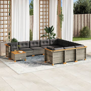 Loungeset 11-delig poly rattan grijs acaciahout
