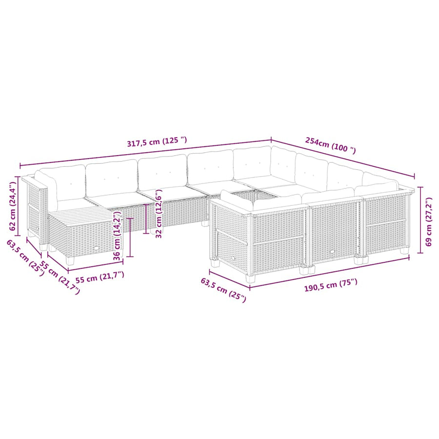 11-delige Tuinset met kussens poly rattan beige