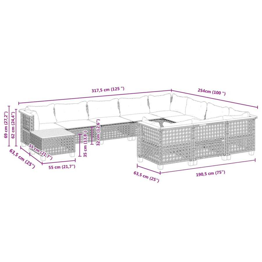 11-delige Loungeset met kussens poly rattan zwart
