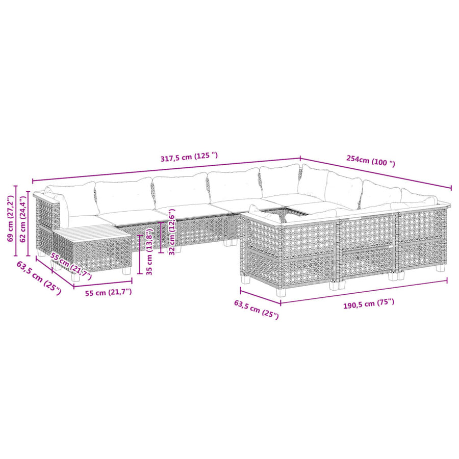 11-delige Loungeset met kussens poly rattan grijs