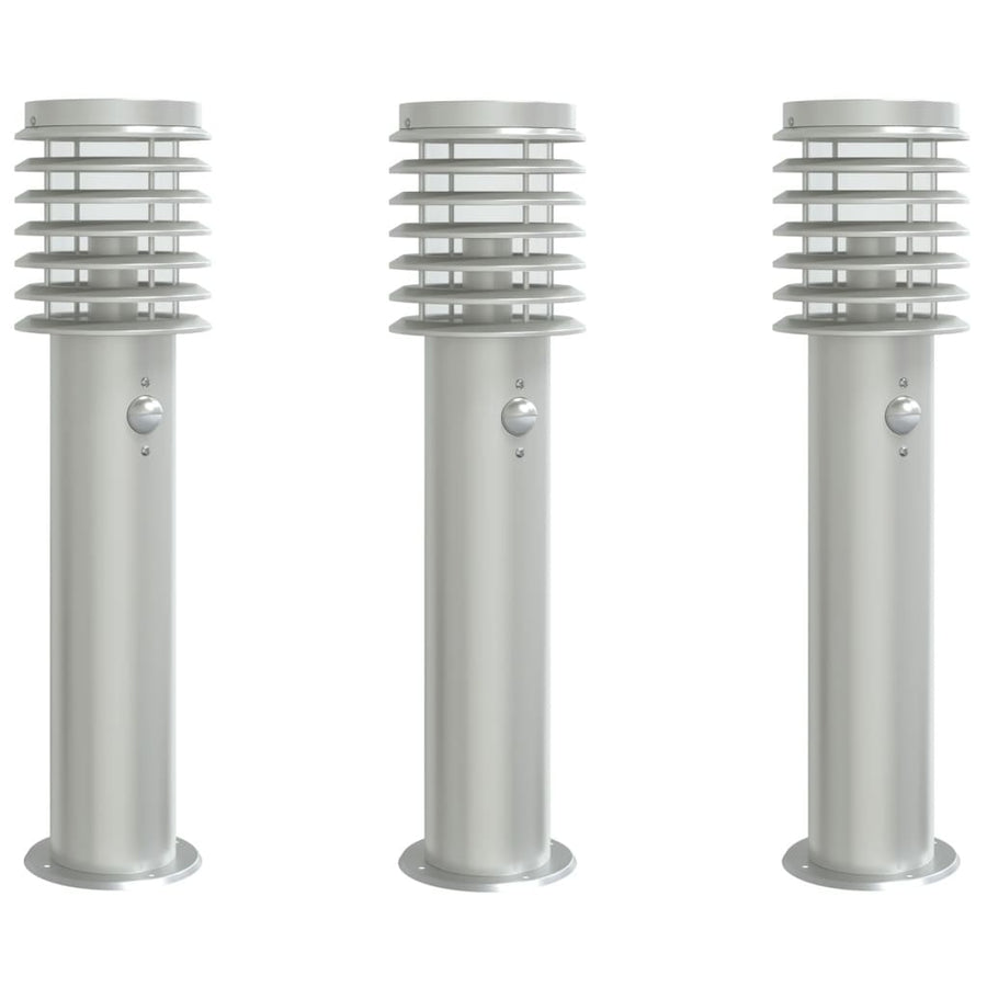 Buitenvloerlampen 3 st met sensors 60 cm roestvrijstaal zilver