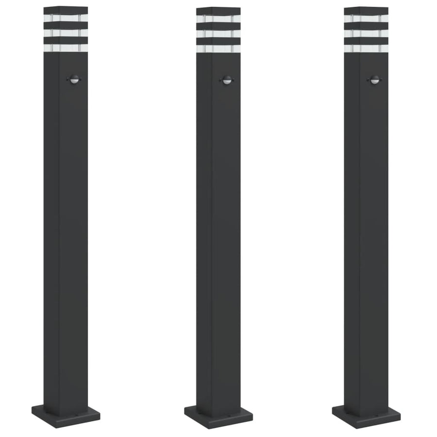Vloerlampen voor buiten 3 st met sensor 110 cm aluminium zwart