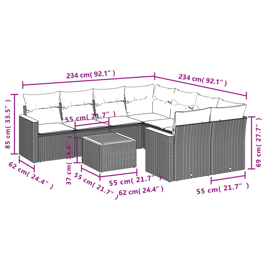 9-Delige Loungeset Met Kussens Poly Rattan Zwart