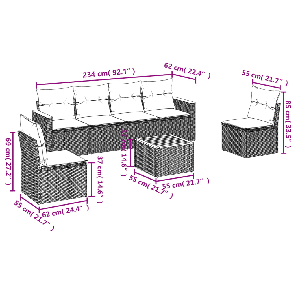 7-Delige Loungeset Met Kussens Poly Rattan Grijs