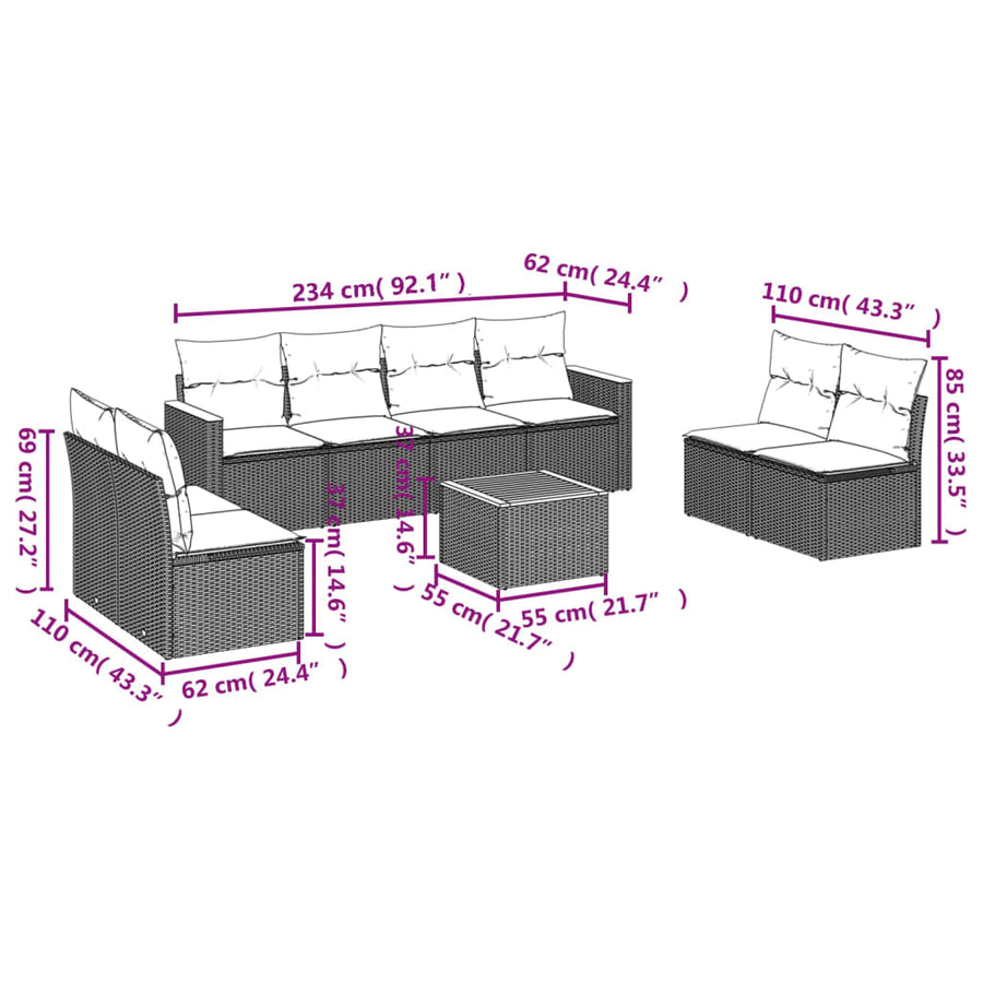 9-Delige Loungeset Met Kussens Poly Rattan Zwart