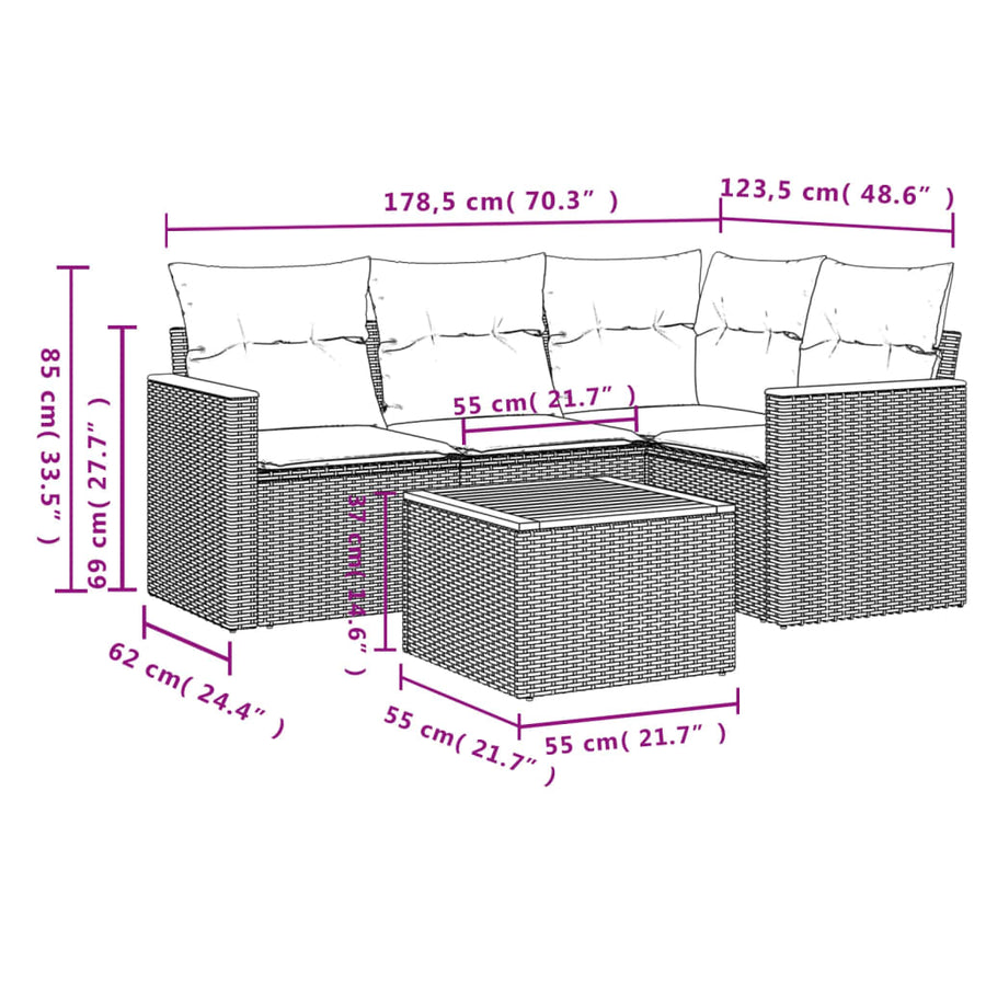 5-Delige Loungeset Met Kussens Poly Rattan Zwart