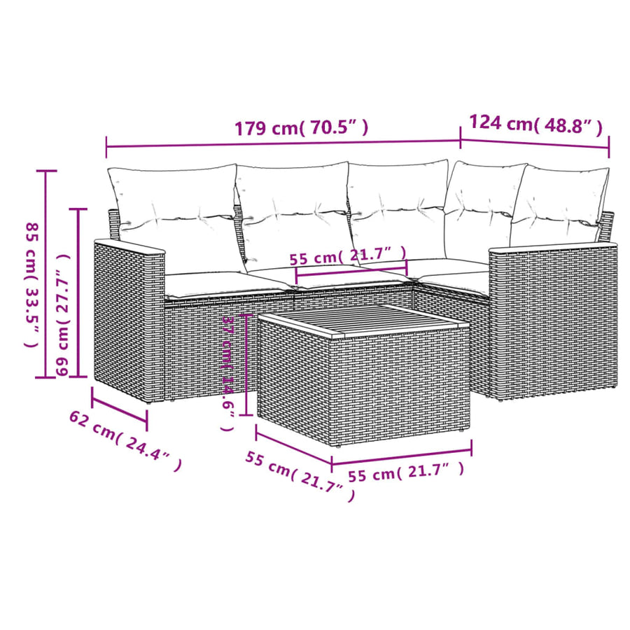 5-Delige Loungeset Met Kussens Poly Rattan Beige