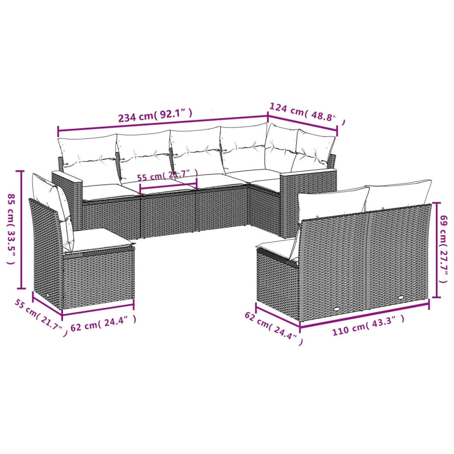 8-Delige Loungeset Met Kussens Poly Rattan Grijs