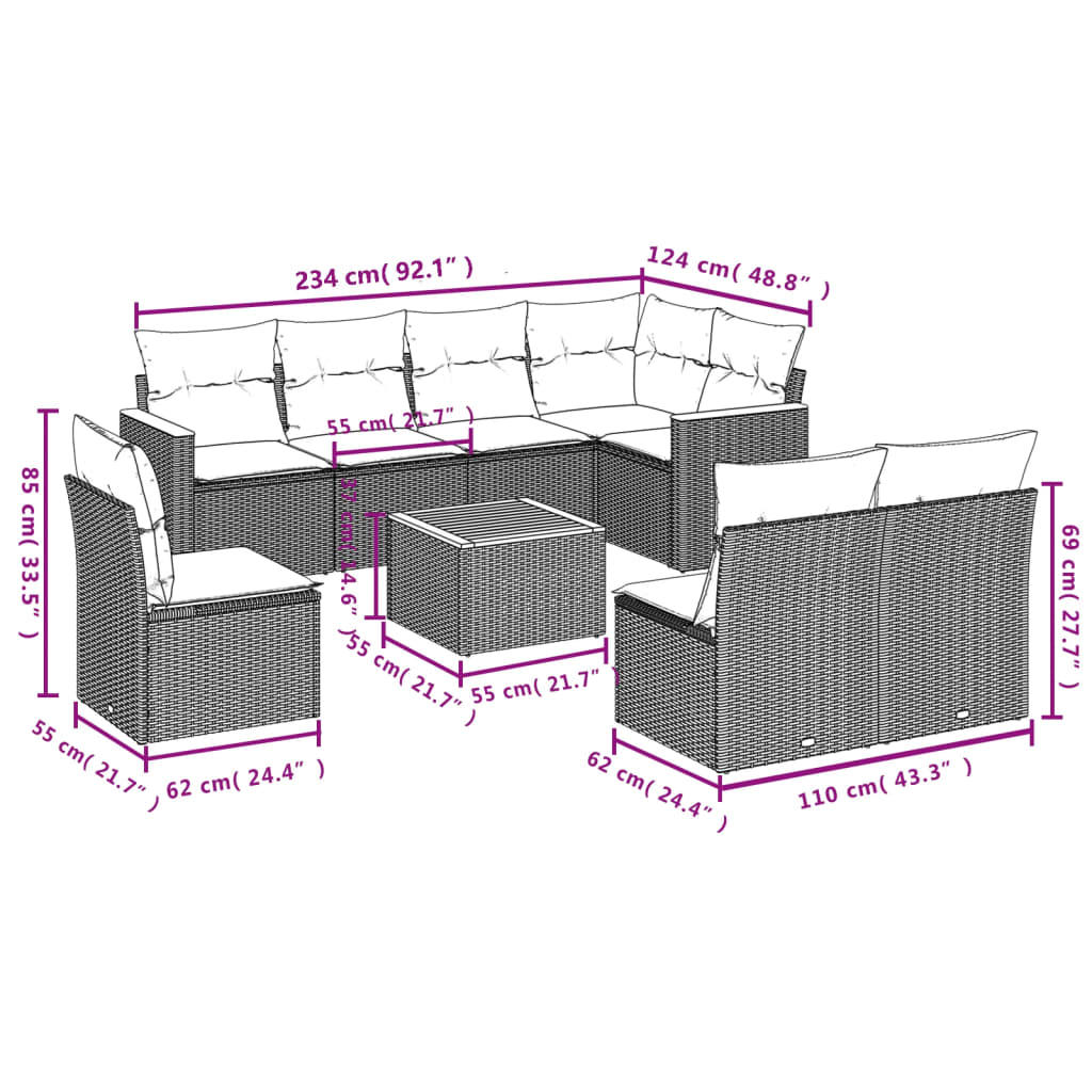9-Delige Loungeset Met Kussens Poly Rattan Beige