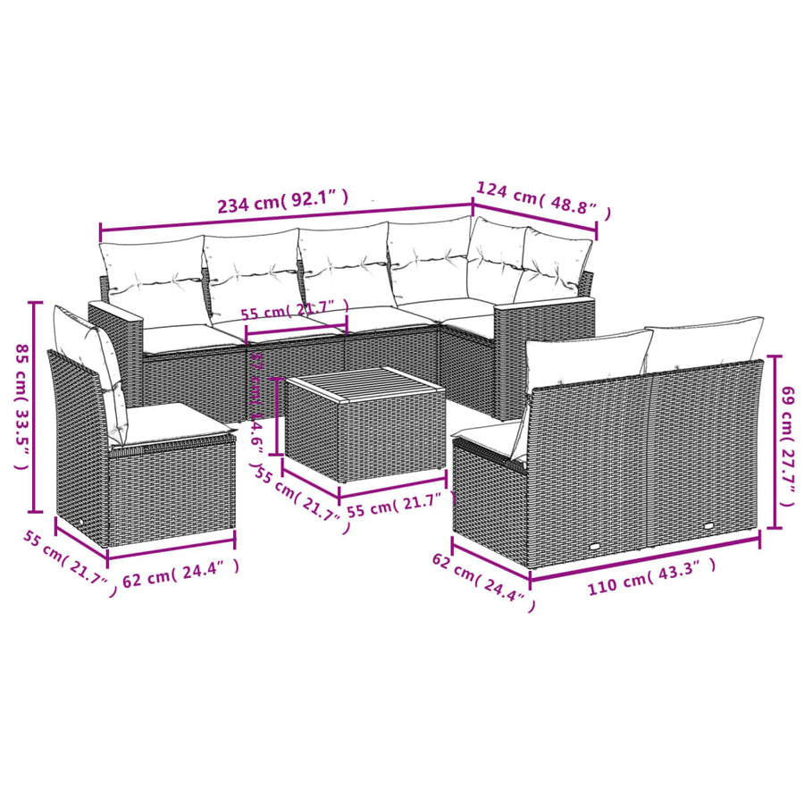 9-Delige Loungeset Met Kussens Poly Rattan Beige