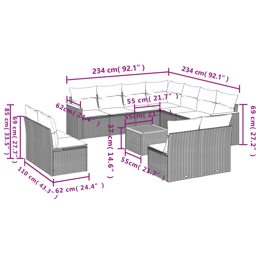 12-Delige Loungeset Met Kussens Poly Rattan Beige