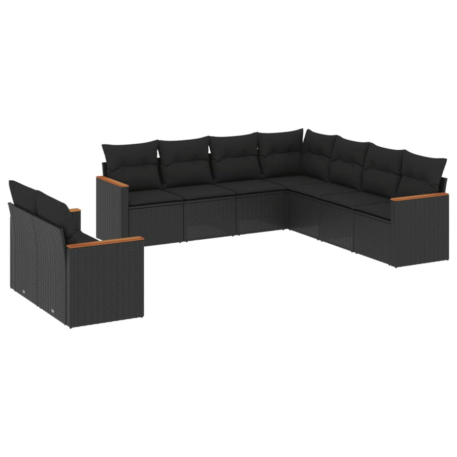 9-delige Loungeset met kussens poly rattan zwart 1 Zwart