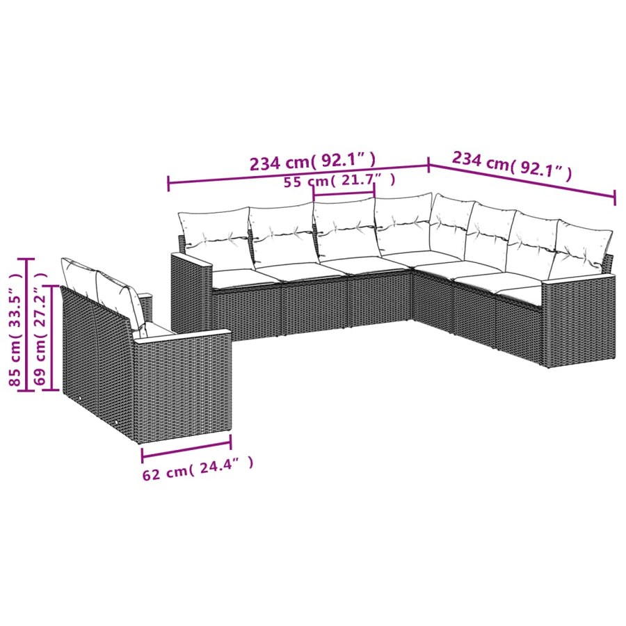 9-Delige Loungeset Met Kussens Poly Rattan Grijs