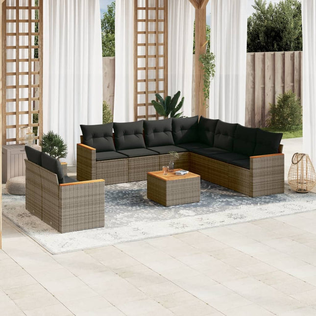 10-Delige Loungeset Met Kussens Poly Rattan Grijs