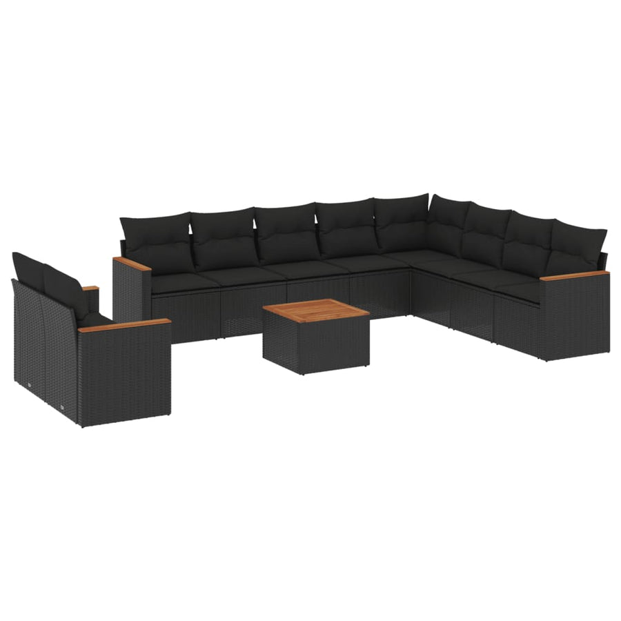 11-delige Loungeset met kussens poly rattan zwart Zwart
