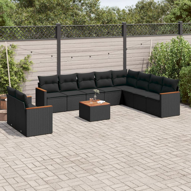 11-delige Loungeset met kussens poly rattan zwart Zwart