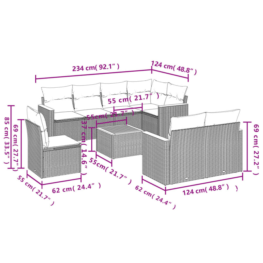 9-Delige Loungeset Met Kussens Poly Rattan Zwart