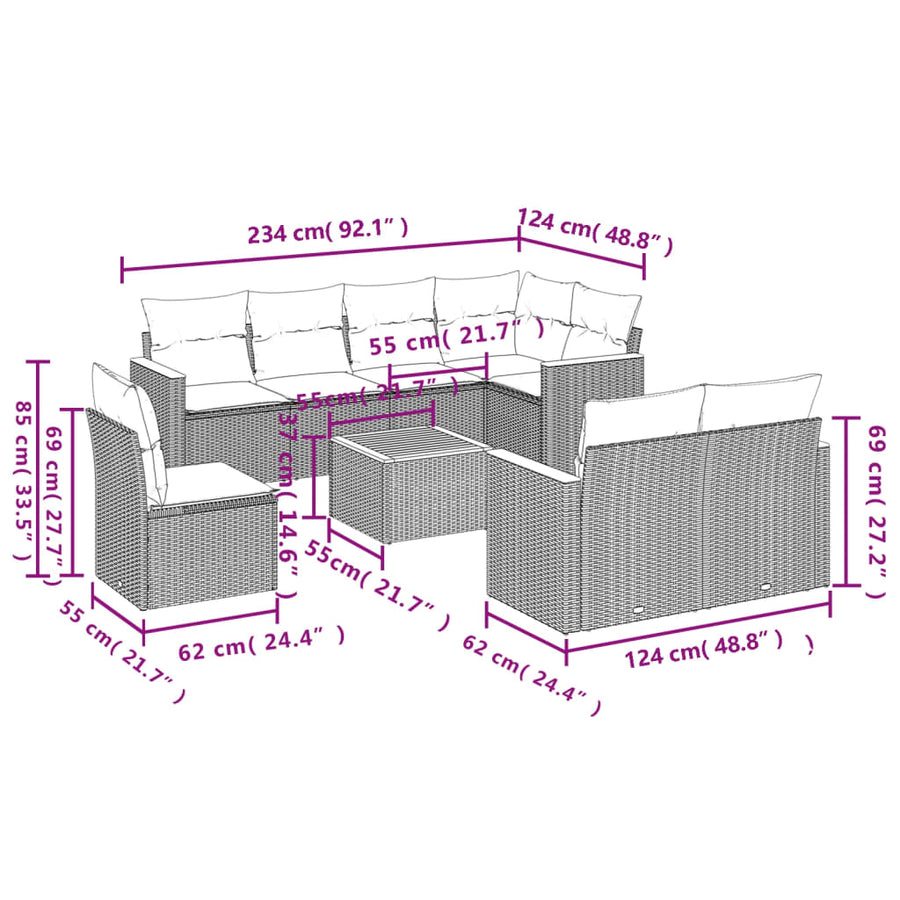 9-Delige Loungeset Met Kussens Poly Rattan Grijs