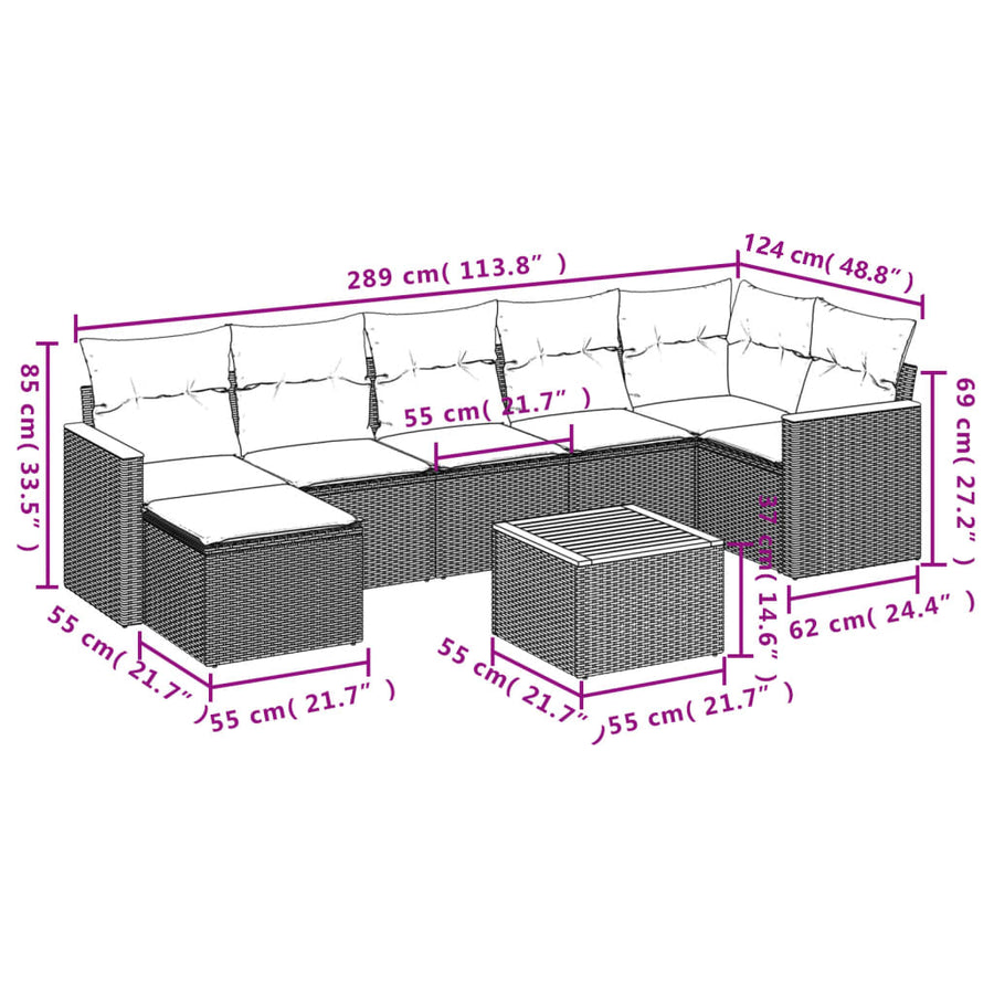 8-Delige Loungeset Met Kussens Poly Rattan Grijs