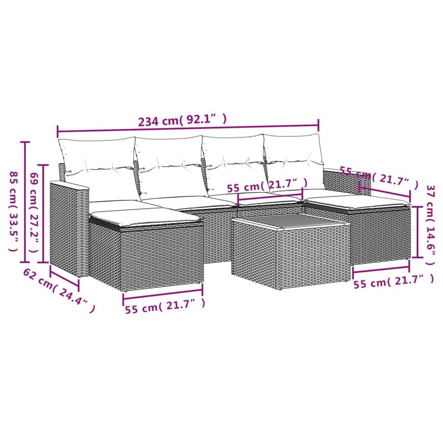 7-Delige Loungeset Met Kussens Poly Rattan Grijs