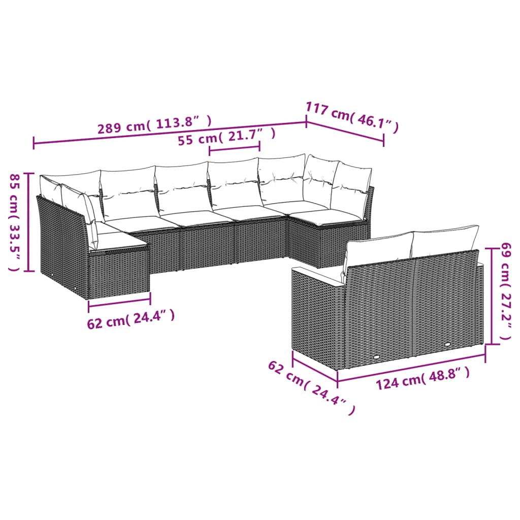 9-Delige Loungeset Met Kussens Poly Rattan Grijs