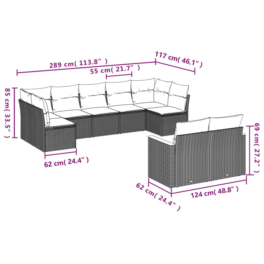 9-Delige Loungeset Met Kussens Poly Rattan Grijs