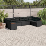 Loungeset poly rattan 10-delig zwart met kussens