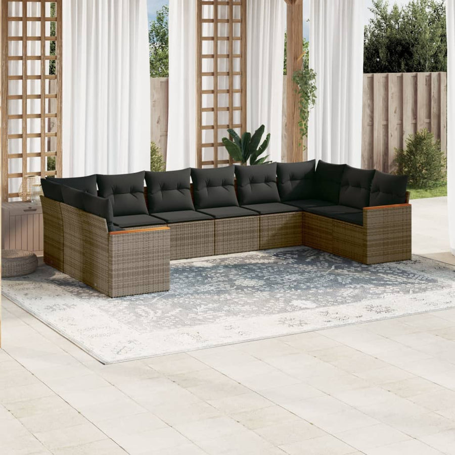 10-Delige Loungeset Met Kussens Poly Rattan Grijs