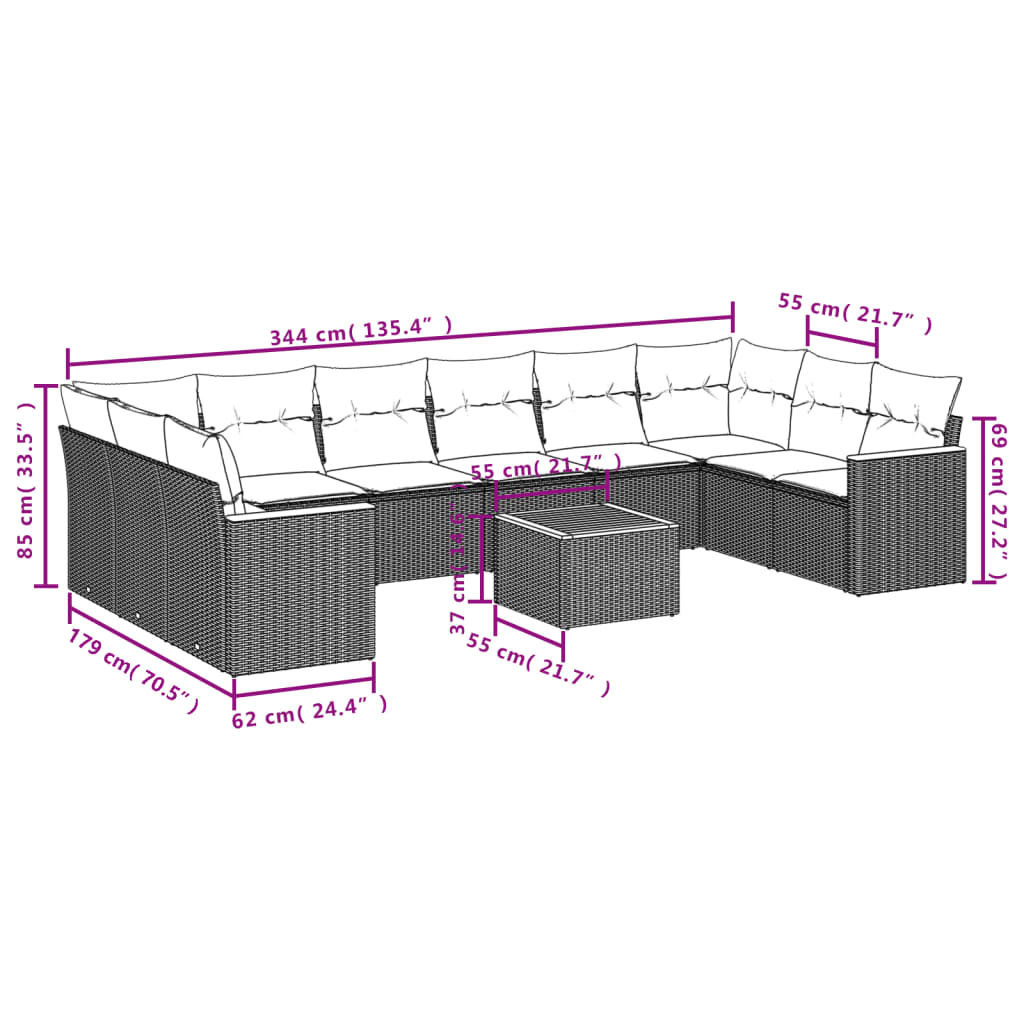 11-Delige Tuinset Met Kussens Poly Rattan Beige