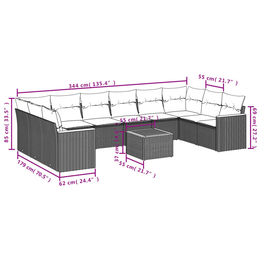 11-Delige Tuinset Met Kussens Poly Rattan Beige