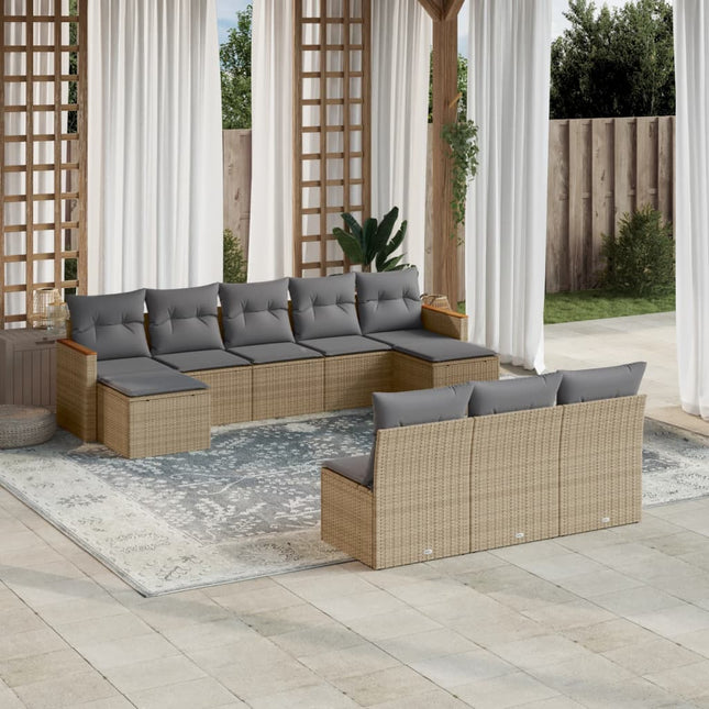 10-Delige Loungeset Met Kussens Poly Rattan Beige