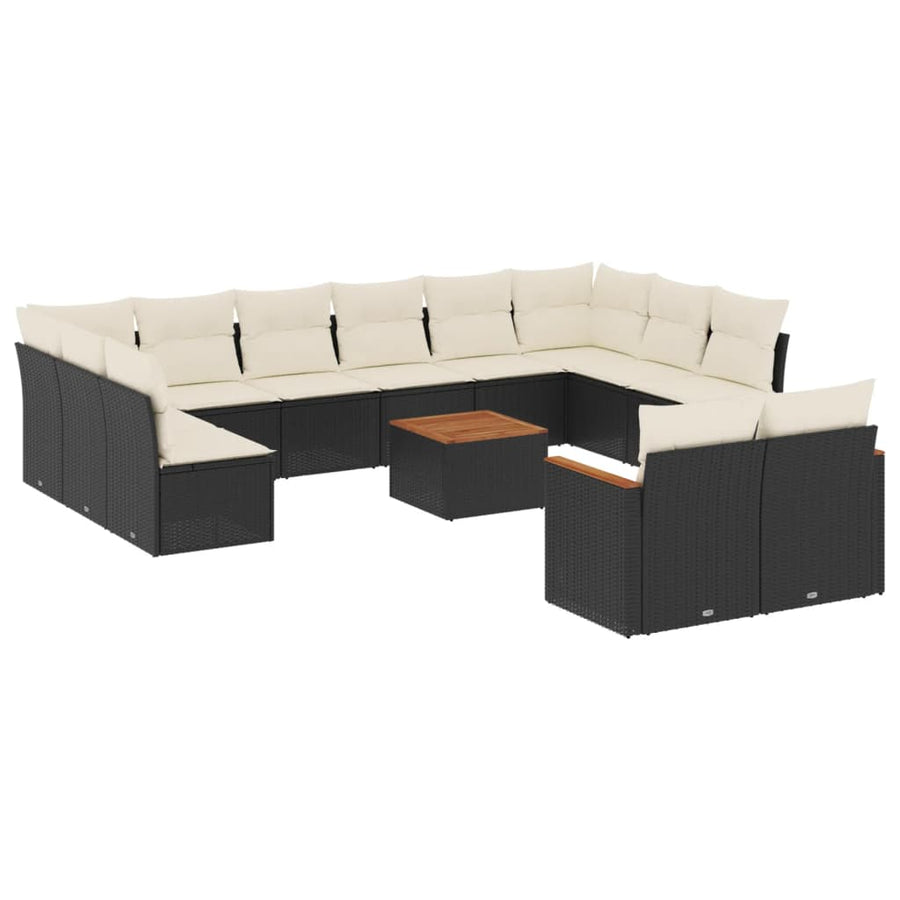 13-delige Loungeset met kussens poly rattan zwart Zwart en crème