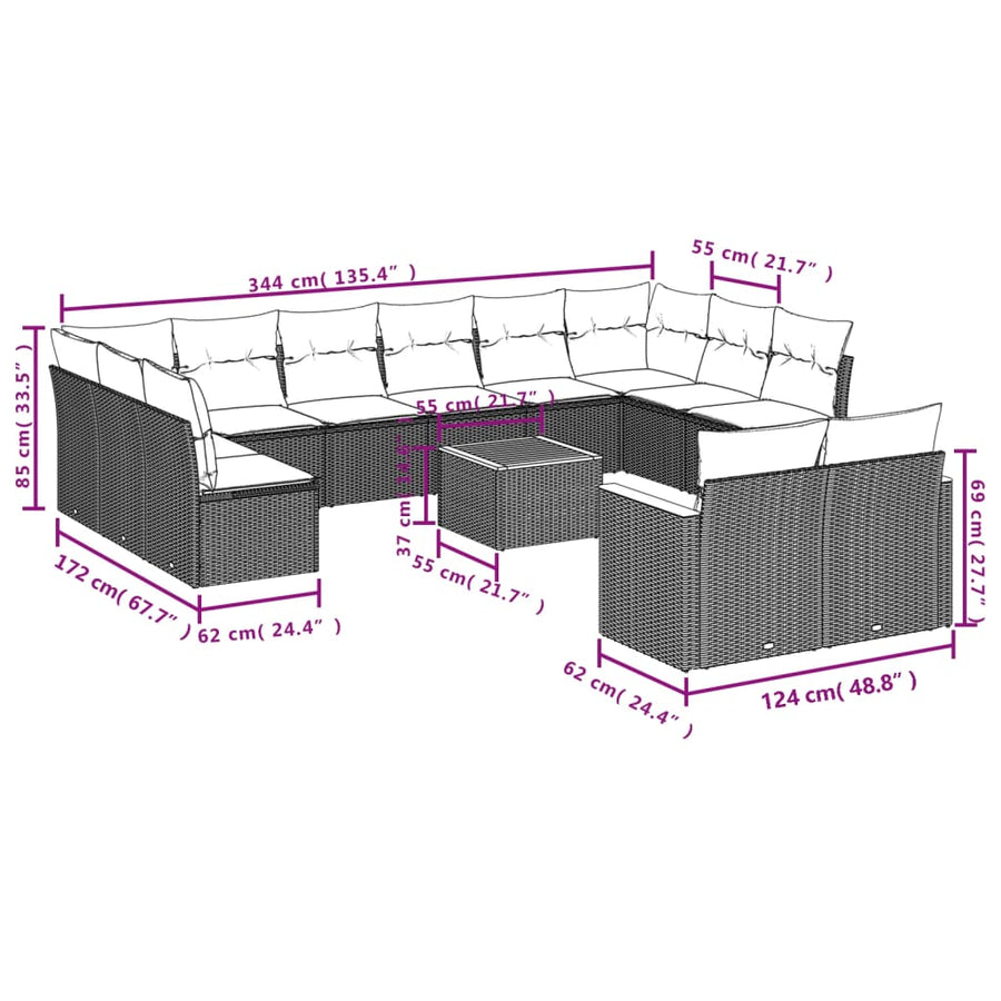 13-delige Loungeset met kussens poly rattan zwart Zwart en crème