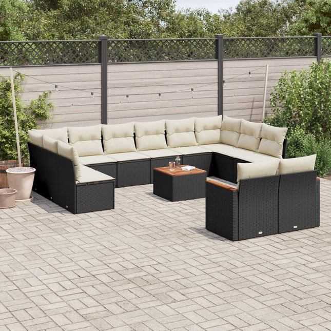 13-delige Loungeset met kussens poly rattan zwart Zwart en crème