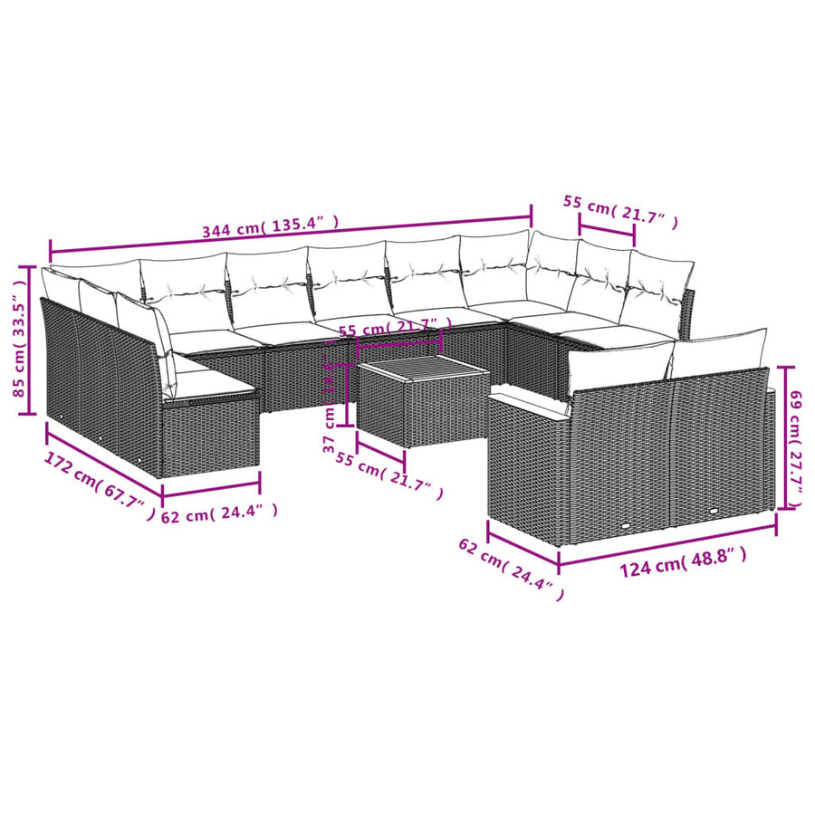 13-Delige Loungeset Met Kussens Poly Rattan Beige
