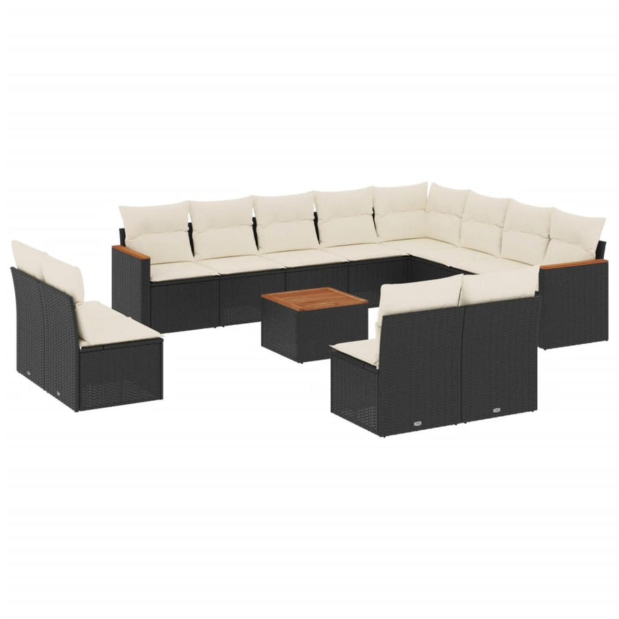 13-delige Loungeset met kussens poly rattan zwart Zwart en crème