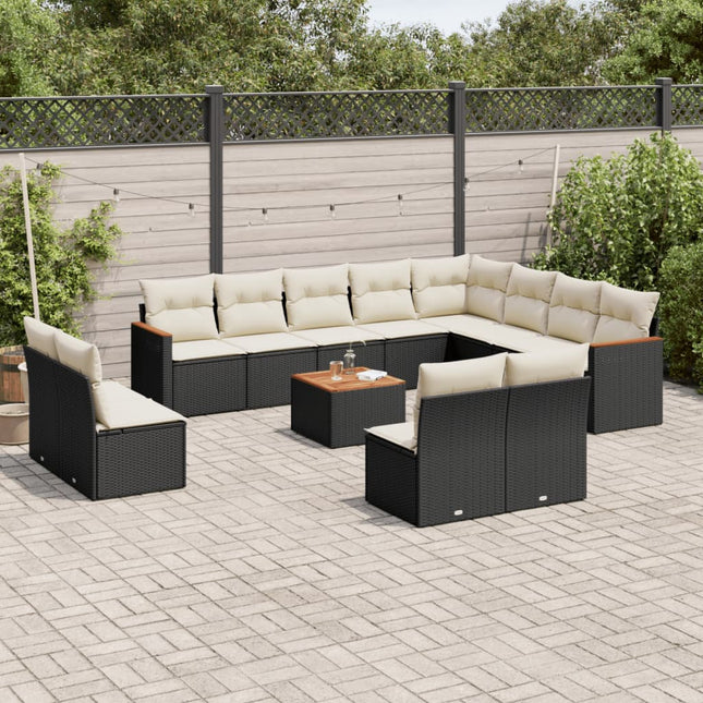 13-delige Loungeset met kussens poly rattan zwart Zwart en crème