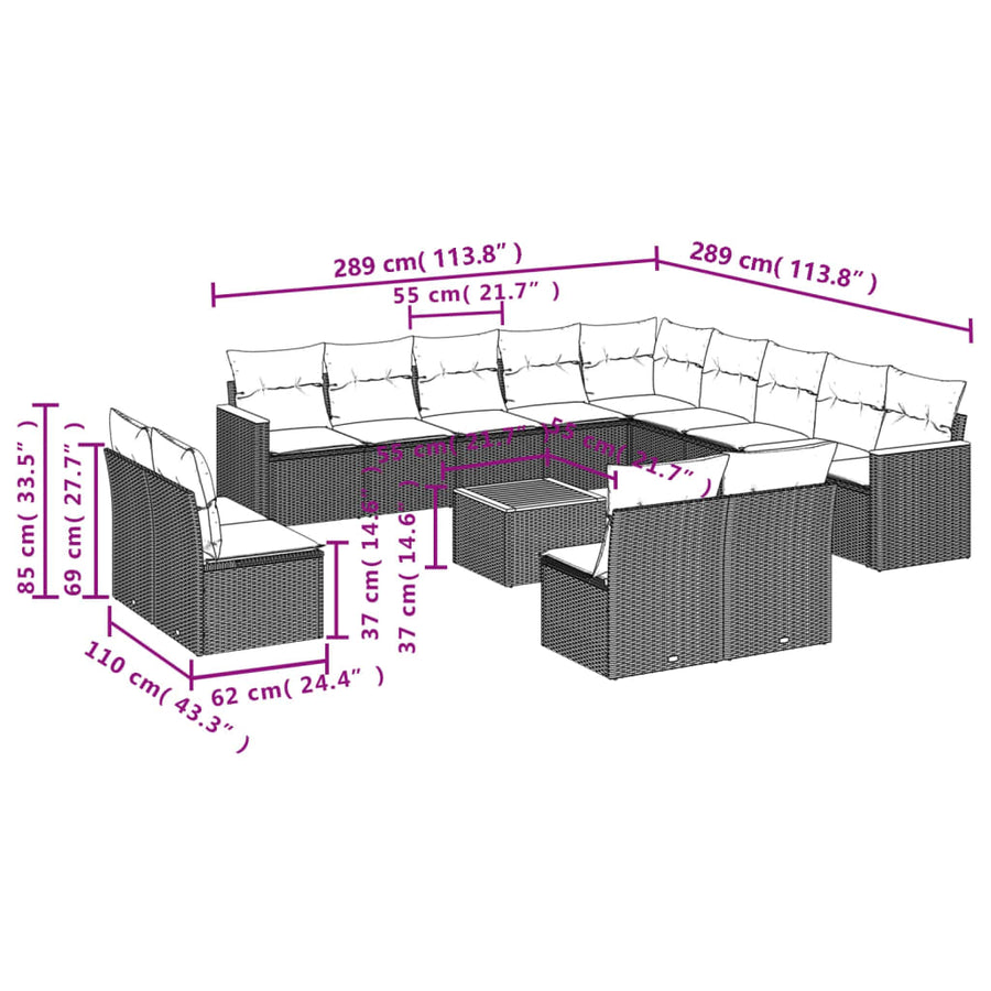14-Delige Loungeset Met Kussens Poly Rattan Beige