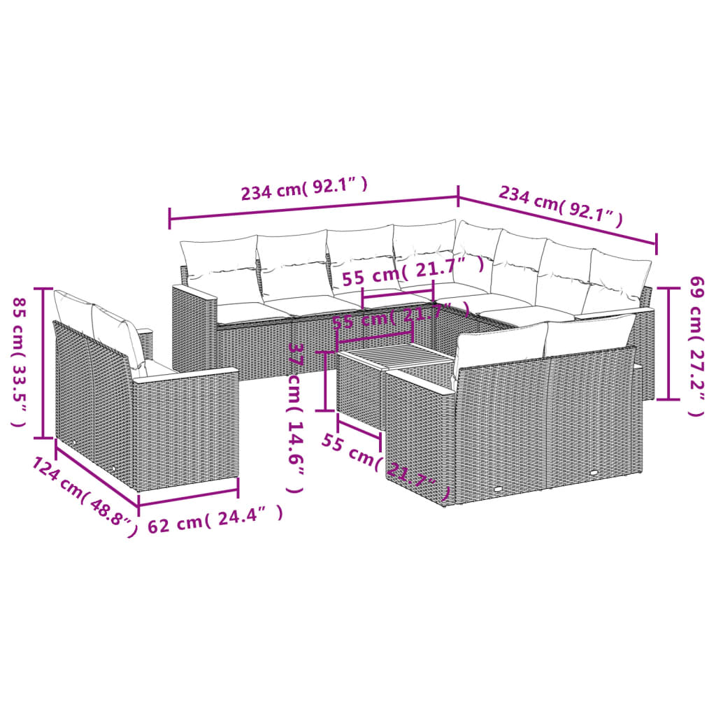 12-Delige Loungeset Met Kussens Poly Rattan Beige