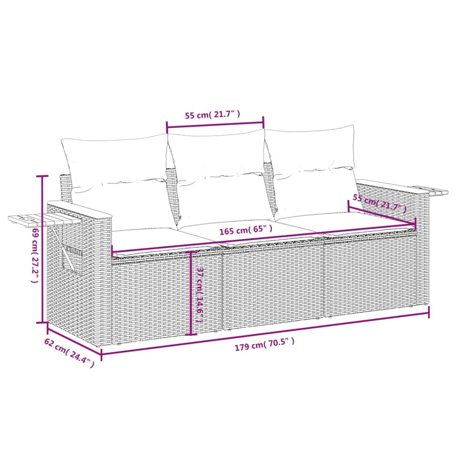 3-Delige Loungeset Met Kussens Poly Rattan Zwart