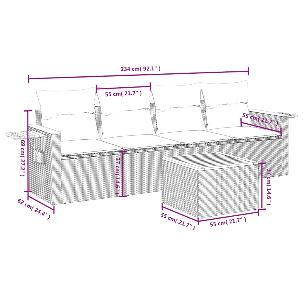 5-Delige Loungeset Met Kussens Poly Rattan Beige