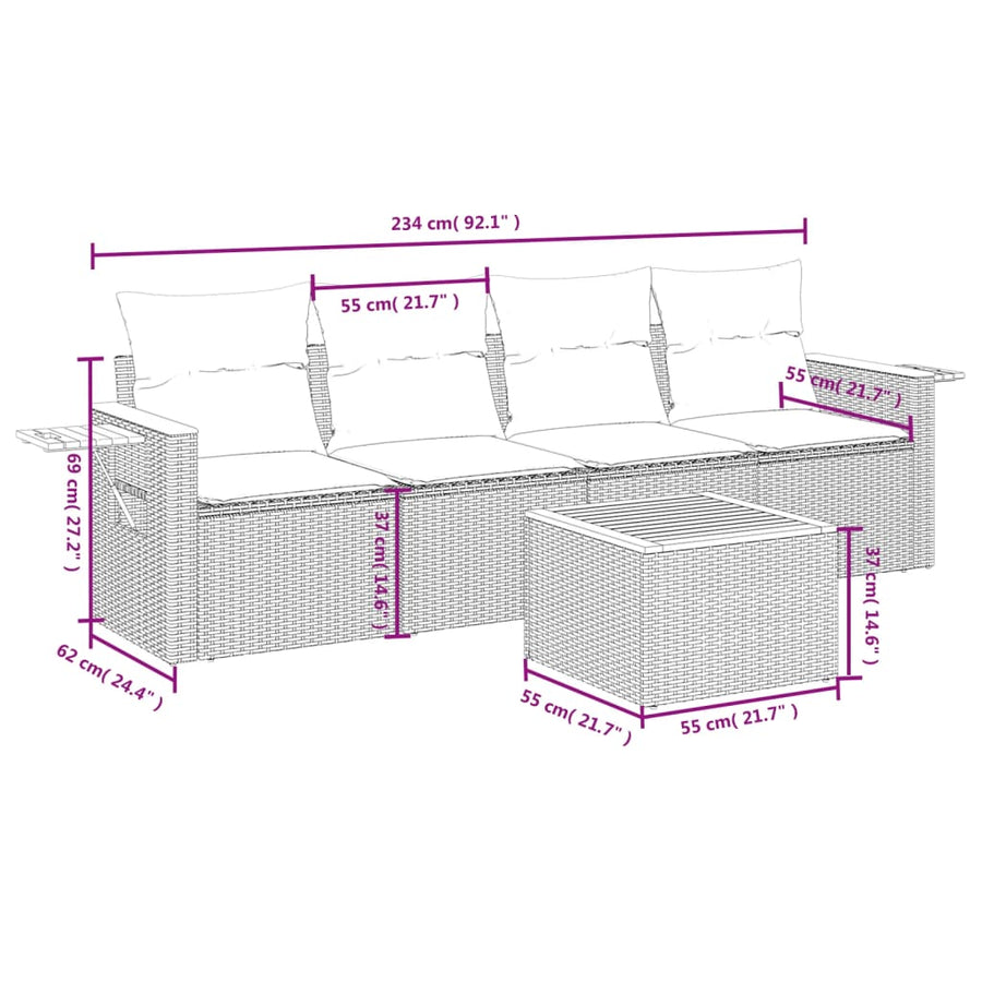 5-Delige Loungeset Met Kussens Poly Rattan Beige