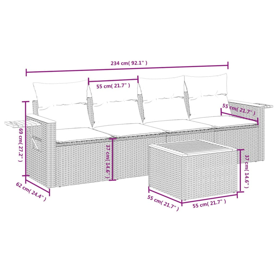 5-Delige Loungeset Met Kussens Poly Rattan Grijs