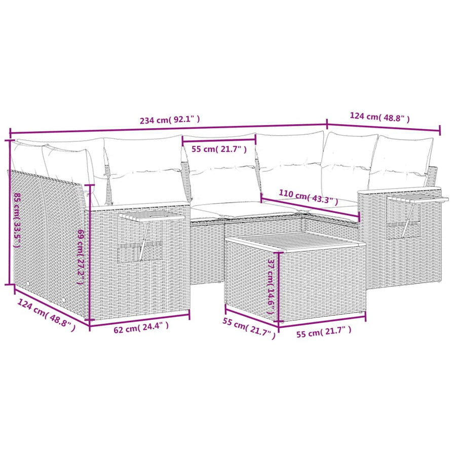 7-Delige Loungeset Met Kussens Poly Rattan Beige