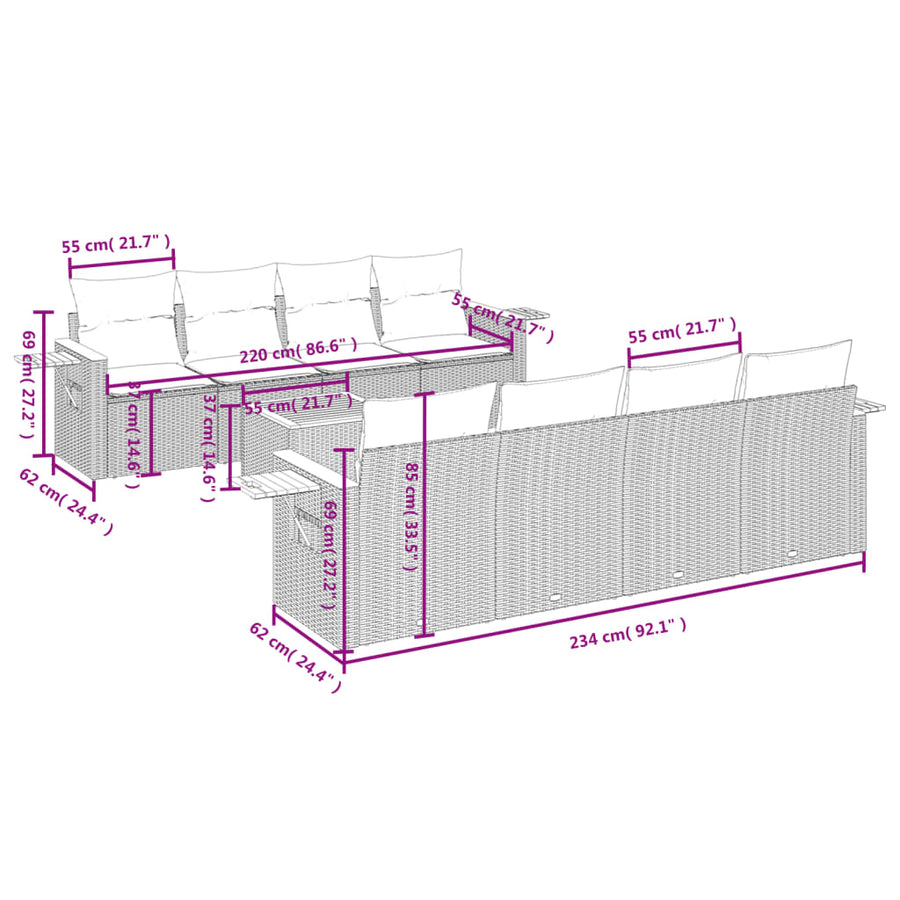 9-Delige Loungeset Met Kussens Poly Rattan Zwart