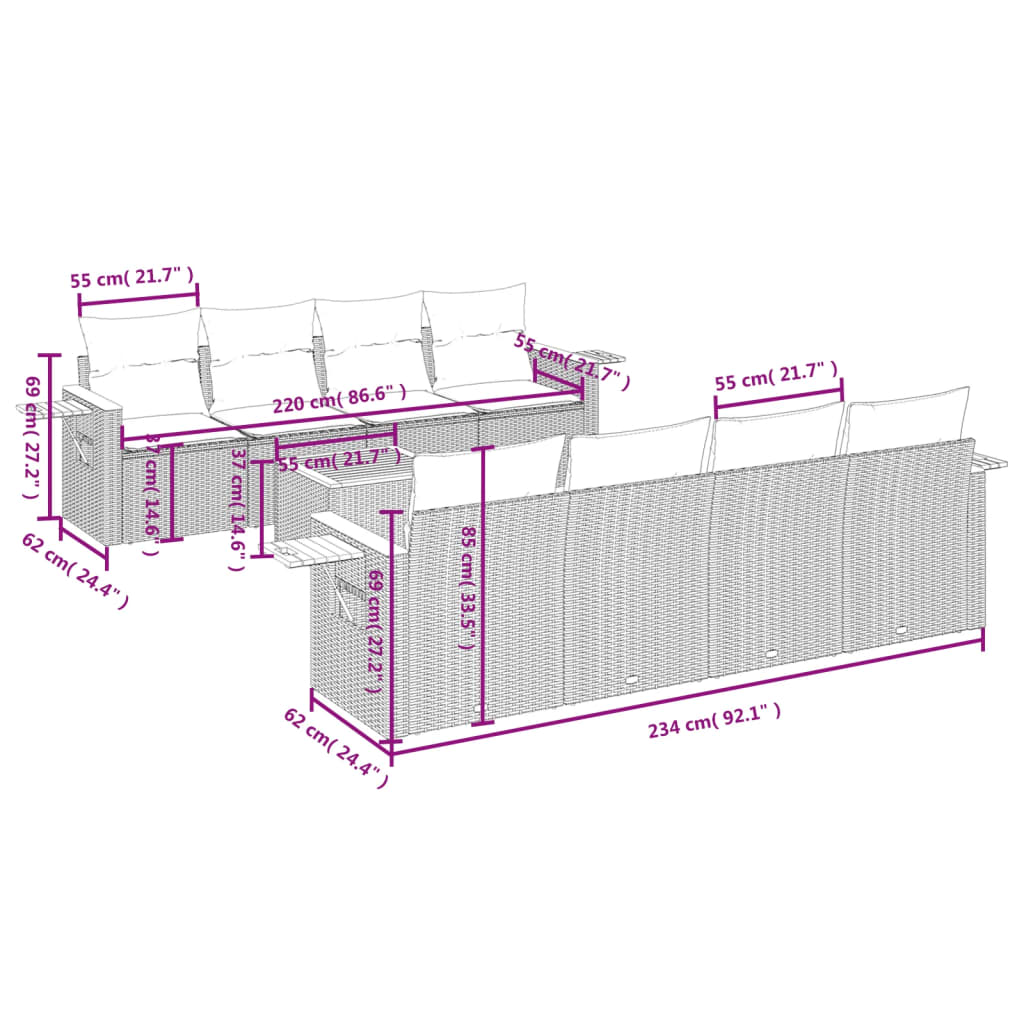 9-Delige Loungeset Met Kussens Poly Rattan Grijs